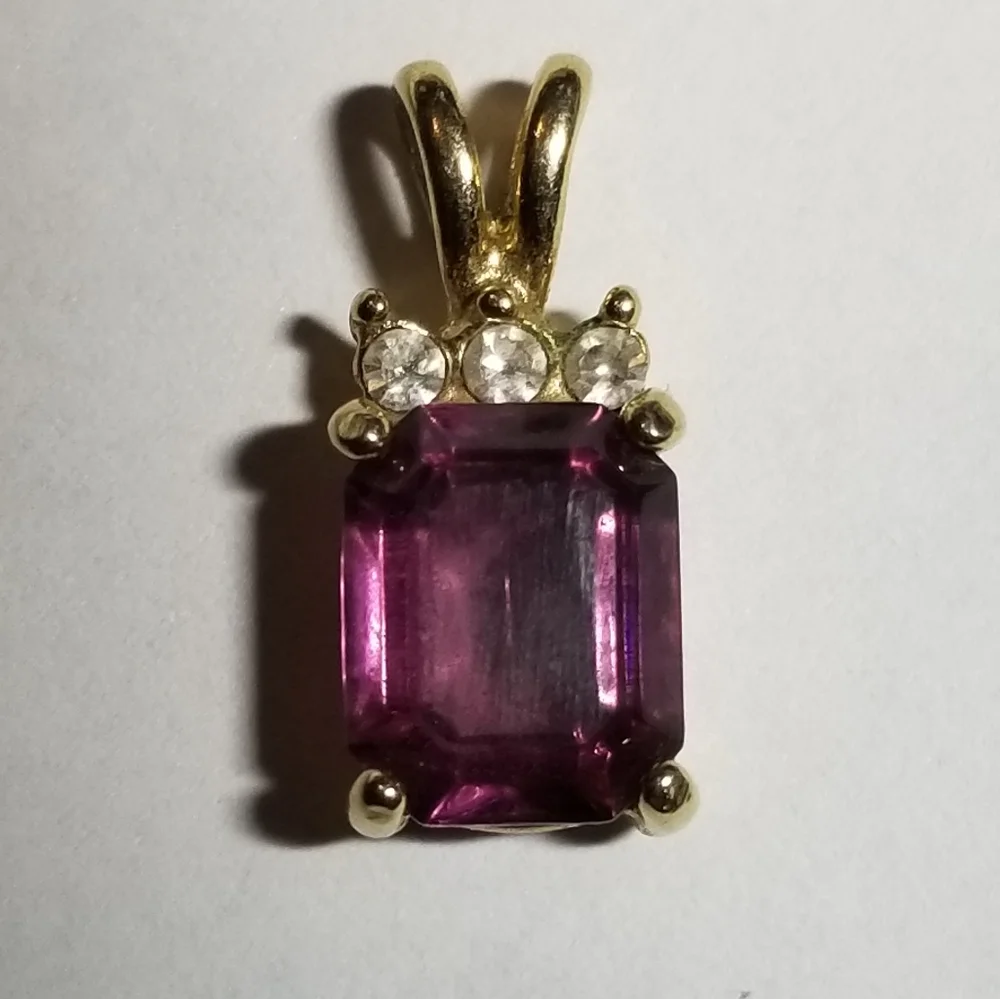 Purple gem pendant gold tone tiny dainty rectangular vintage
